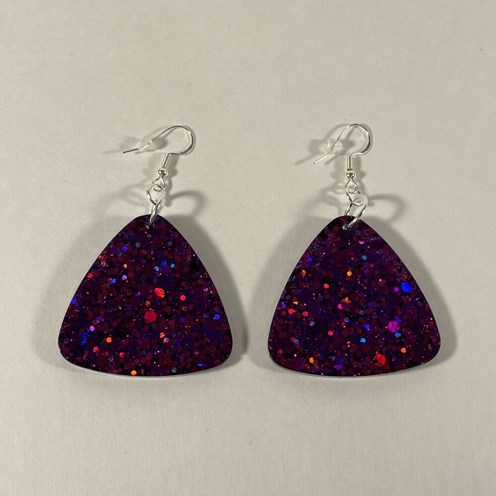 Purple Resin Chunky Glitter Dangle Earrings Rounded Triangle Shape NWT